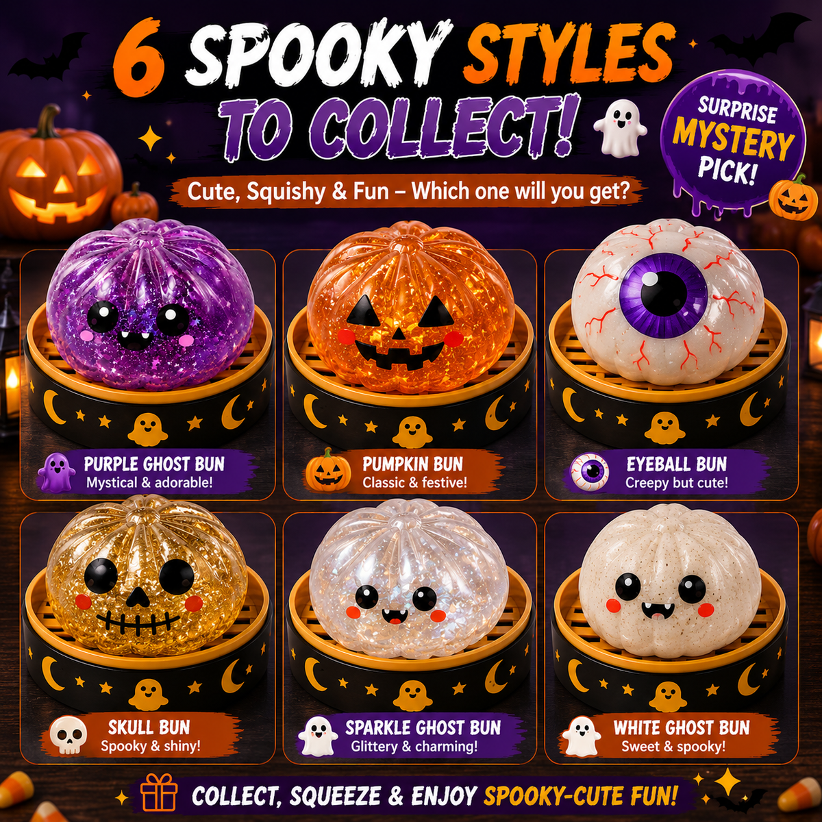 🔥 55% OFF TODAY 🎃 Healrize® Halloween Steamed Bun Squishy Random Mystery Box | 6 Spooky Styles to Collect🎃