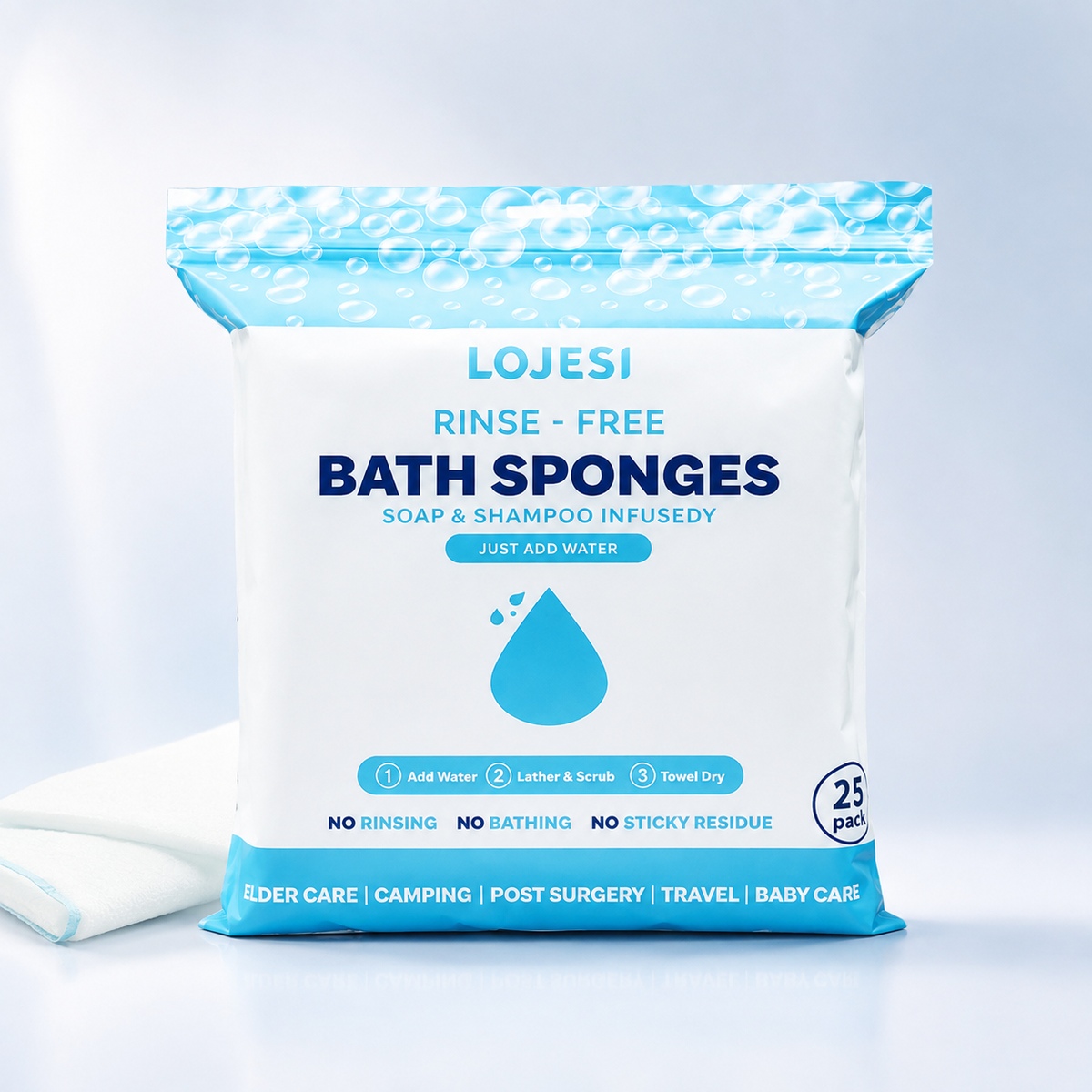 🧼 25-Pack Rinse-Free Disposable Bath Sponges with Soap & Shampoo 💧
