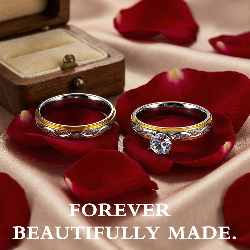 US-💞Two-Tone Diamond Promise Ring Set – Refined Gold & Silver Bands Designed for Couples, Love & Forever