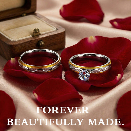 US-💞Two-Tone Diamond Promise Ring Set – Refined Gold & Silver Bands Designed for Couples, Love & Forever