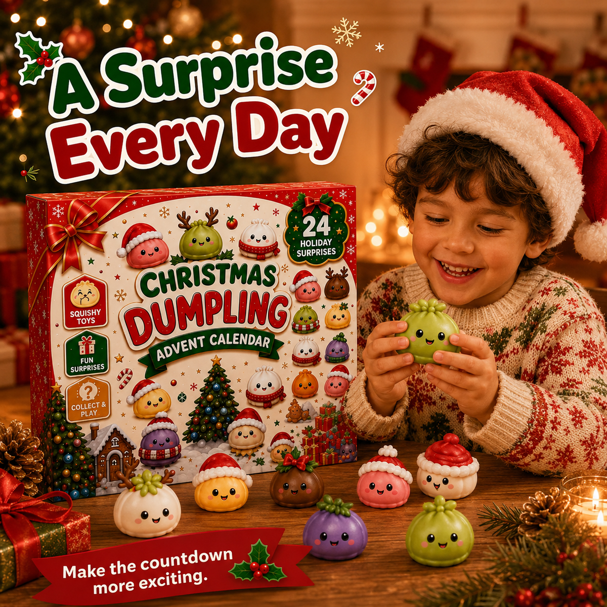 🥟 Christmas Dumpling Squishy Advent Calendar – 24 Days Holiday Toys 🎄