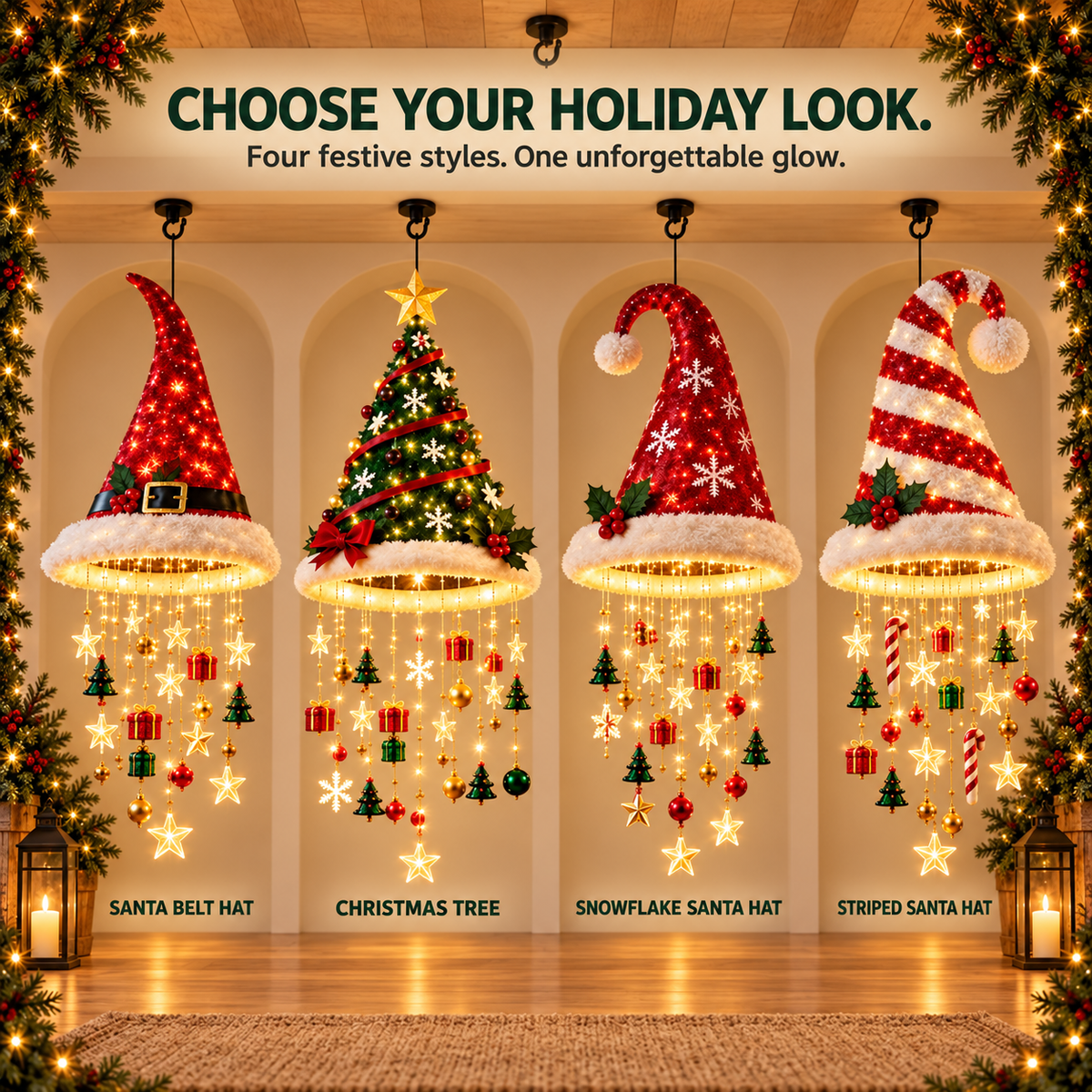 🎄✨ Lighted Christmas Hanging Chandelier – Santa Hat & Christmas Tree Holiday Décor 🎅
