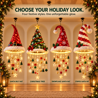 🎄✨ Lighted Christmas Hanging Chandelier – Santa Hat & Christmas Tree Holiday Décor 🎅