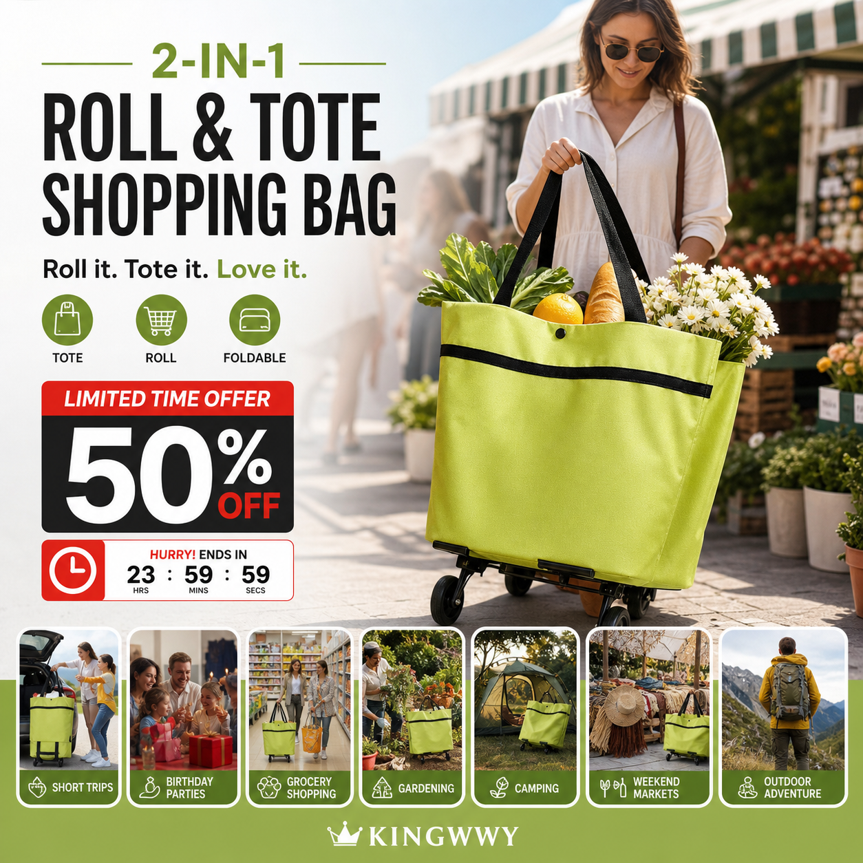 🛒 2-in-1 Foldable Shopping Cart | Shop, Carry & Roll with Ease