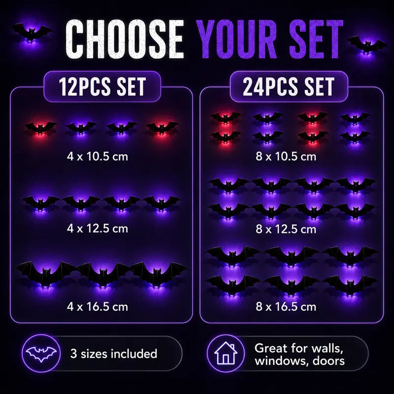 3D LED Bat Decorative Lights – Set of 12/24 Halloween Spooky Decorations