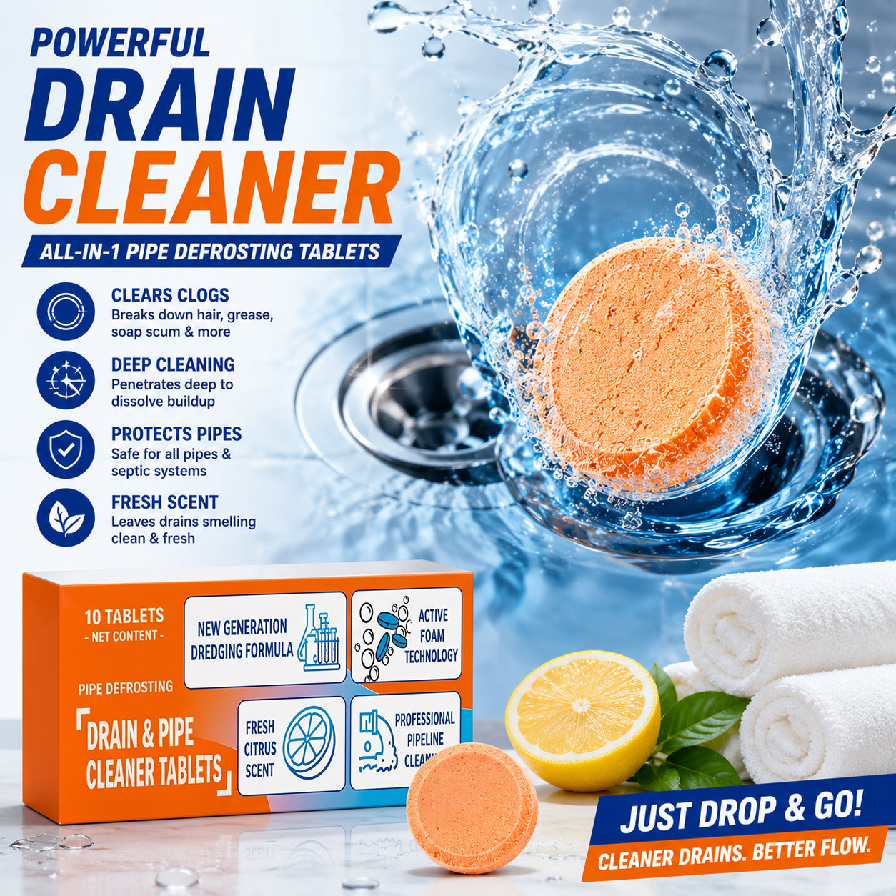 💥Active Oxygen Foaming Drain Cleaner Tablets – Weekly Care for Kitchen & Bathroom Drains
