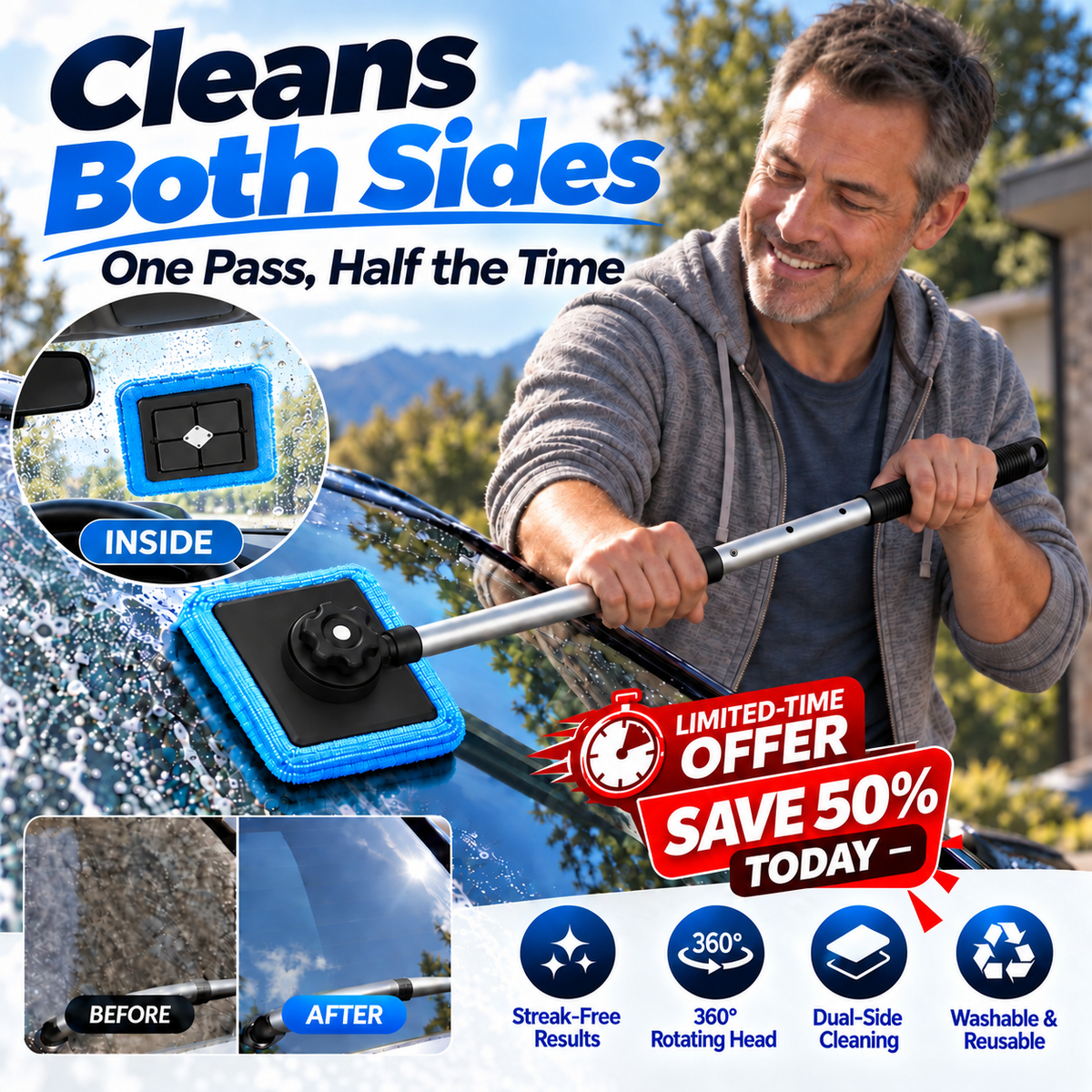 All-In-One Magnetic Glass Cleaner — Dual-Side Cleaning, Washable Pads & Versatile Home and Car Use | One Kit. Cleaner Glass. Less Effort. 💎