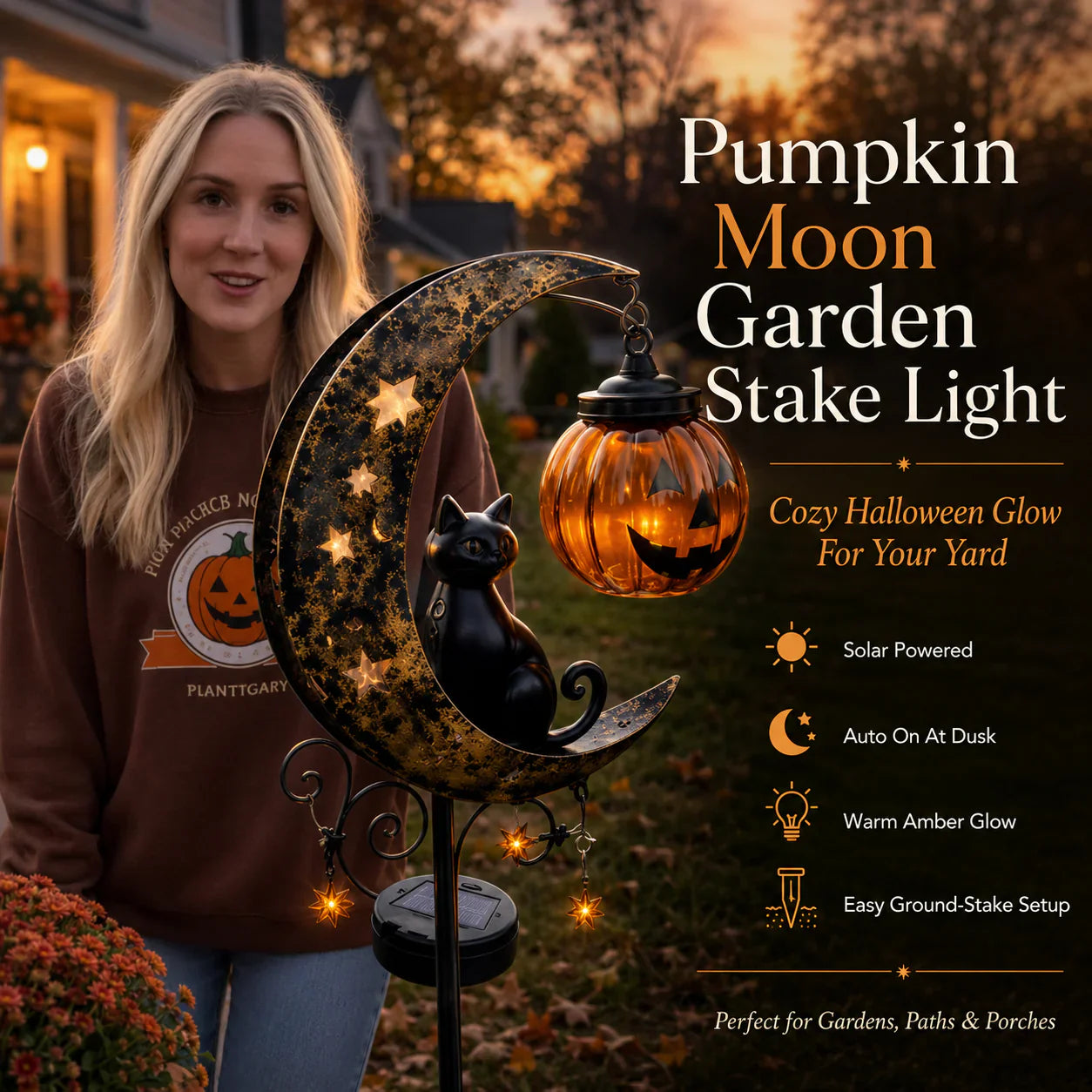 🔥Last Chance Before They're Gone! Solar Halloween Black Cat Moon Garden Stake Light 🎃🐈‍⬛🌙