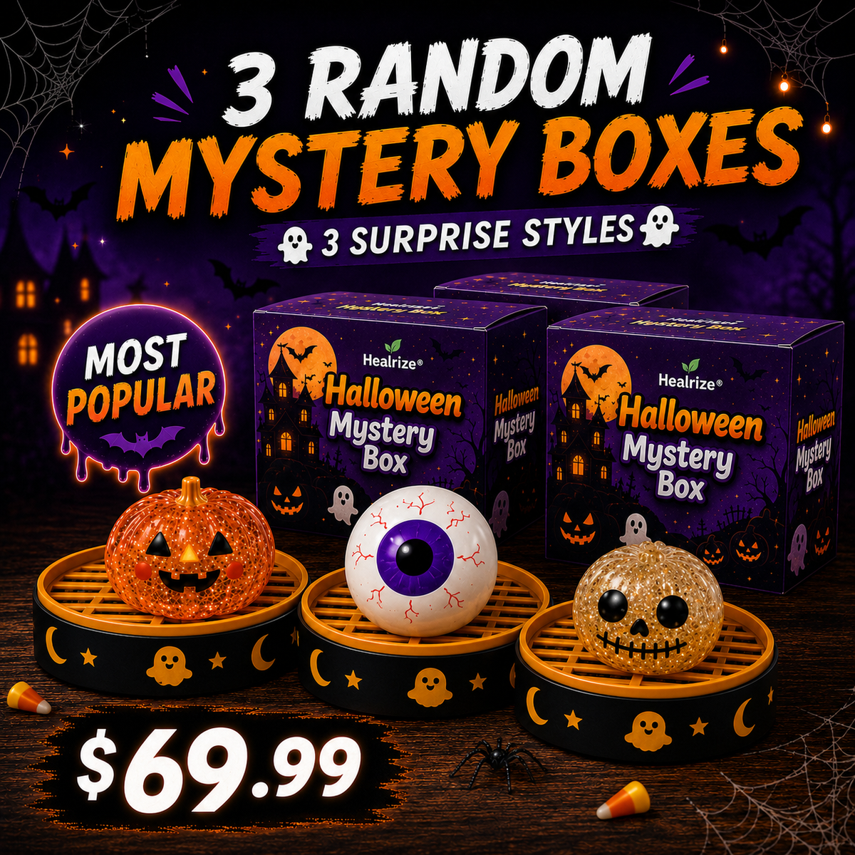 🔥 55% OFF TODAY 🎃 Healrize® Halloween Steamed Bun Squishy Random Mystery Box | 6 Spooky Styles to Collect🎃