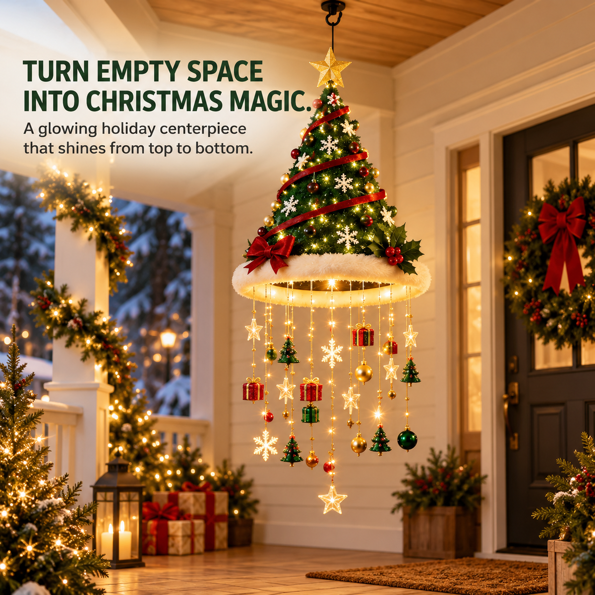 🎄✨ Lighted Christmas Hanging Chandelier – Santa Hat & Christmas Tree Holiday Décor 🎅
