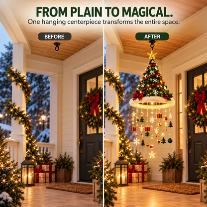 🎄✨ Lighted Christmas Hanging Chandelier – Santa Hat & Christmas Tree Holiday Décor 🎅