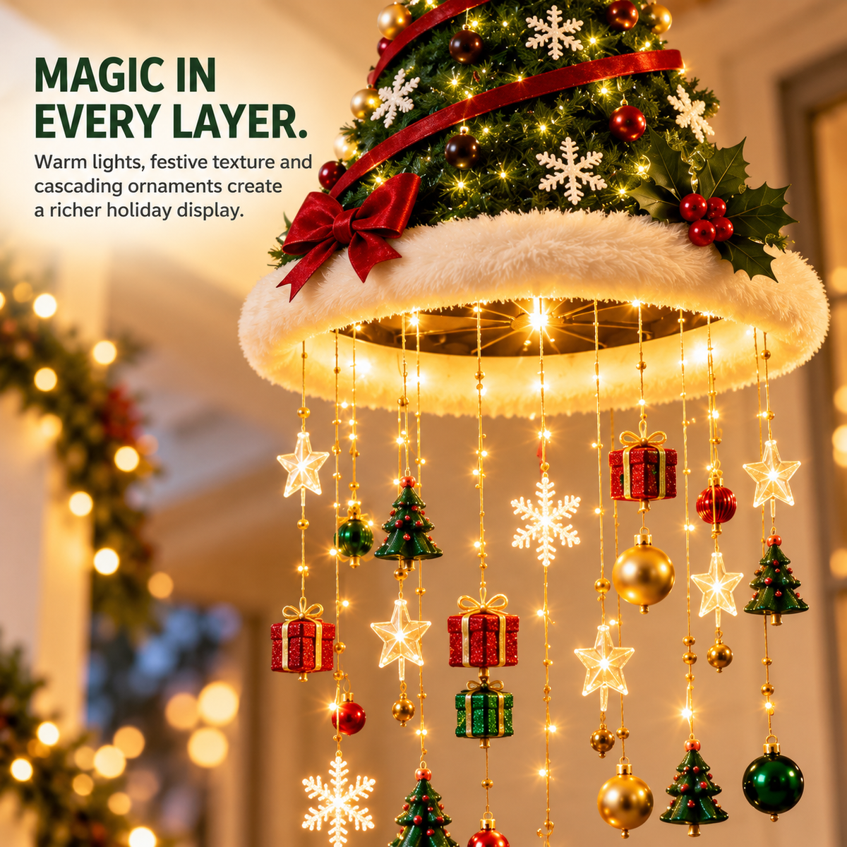 🎄✨ Lighted Christmas Hanging Chandelier – Santa Hat & Christmas Tree Holiday Décor 🎅