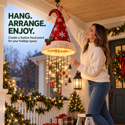 🎄✨ Lighted Christmas Hanging Chandelier – Santa Hat & Christmas Tree Holiday Décor 🎅