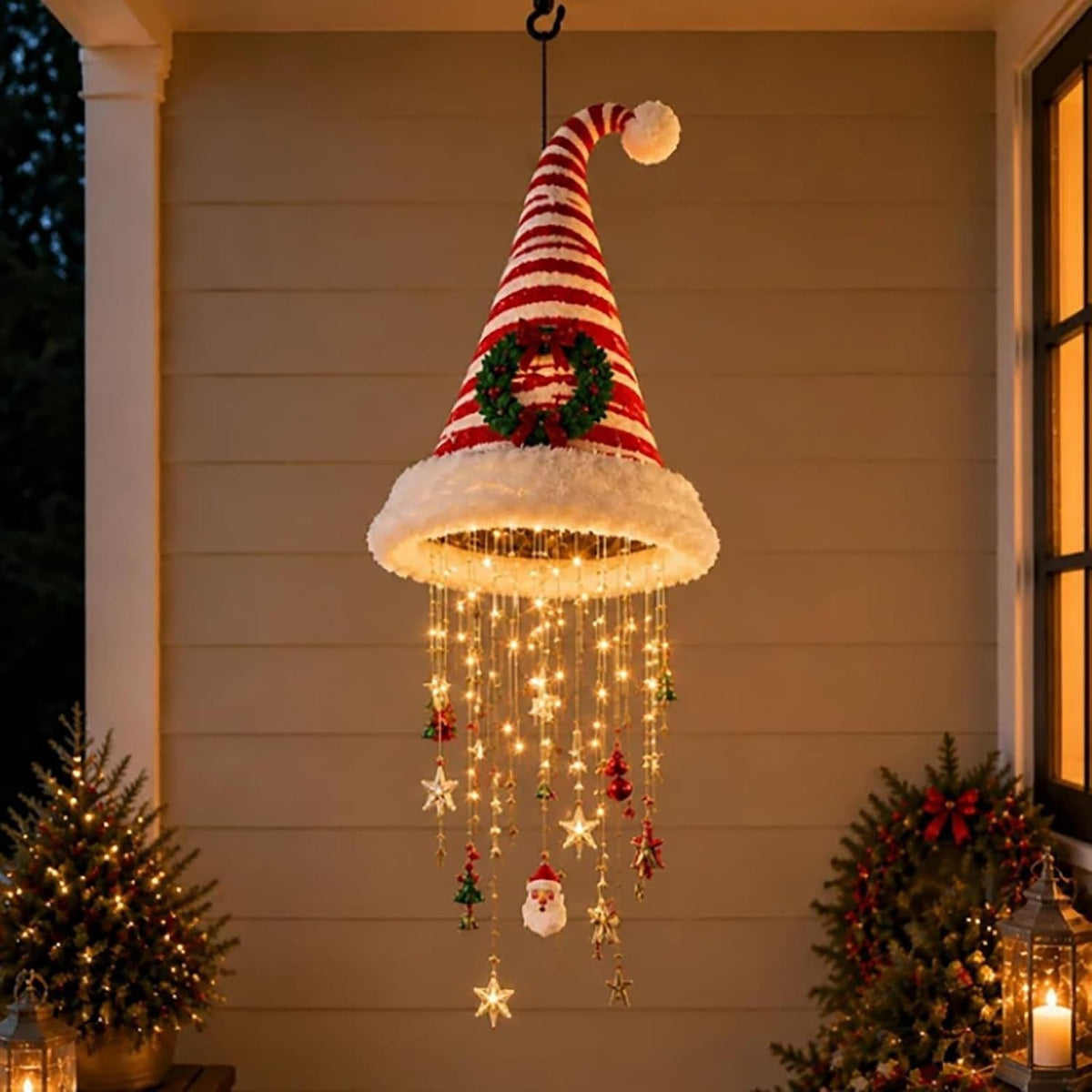 🎄✨ Lighted Christmas Hanging Chandelier – Santa Hat & Christmas Tree Holiday Décor 🎅