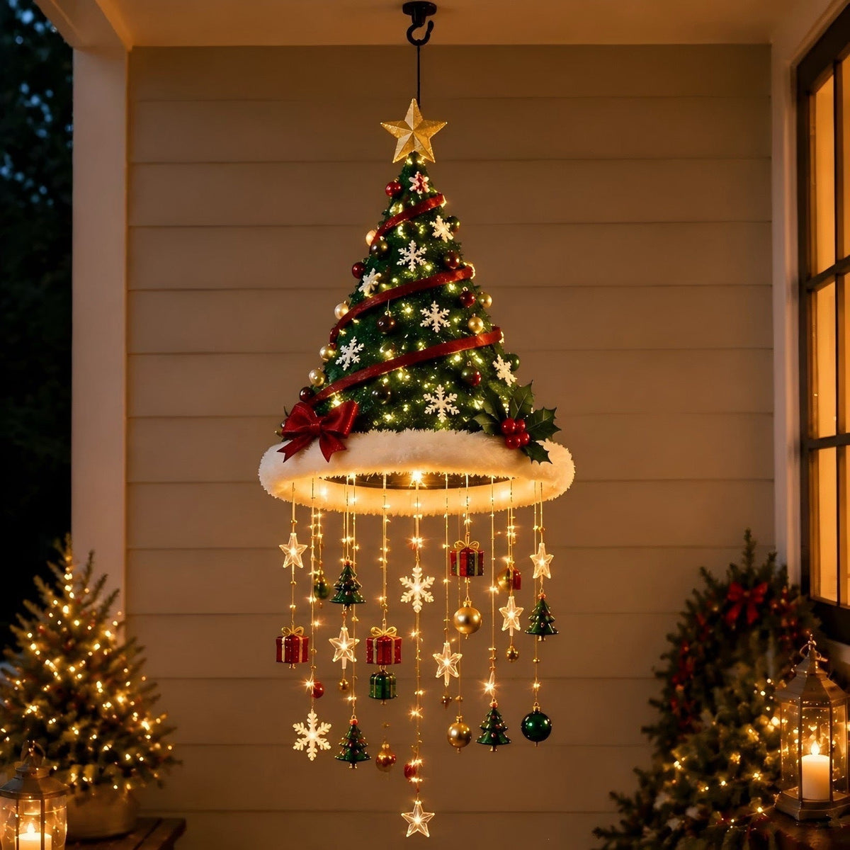 🎄✨ Lighted Christmas Hanging Chandelier – Santa Hat & Christmas Tree Holiday Décor 🎅