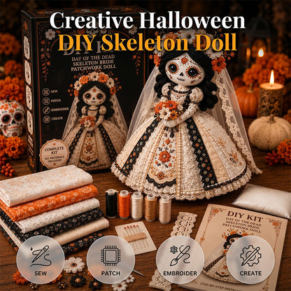 🔥LAST DAY 49% OFF - 🎃Day of the Dead Patchwork Doll DIY Sewing Kit - Handmade Fabric Doll Craft Kit with Floral Details