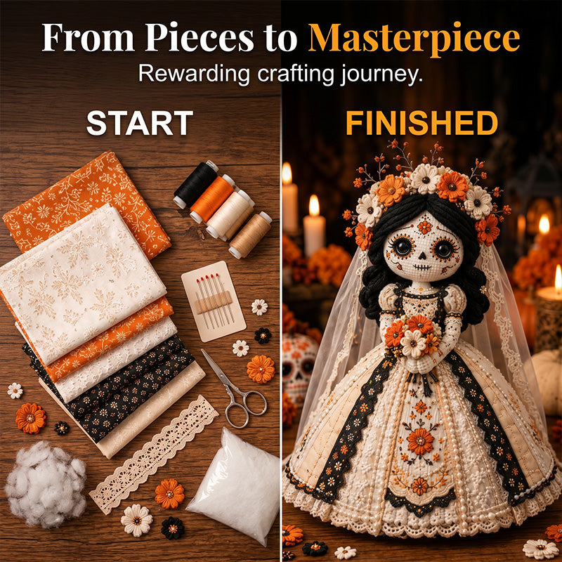 🔥LAST DAY 49% OFF - 🎃Day of the Dead Patchwork Doll DIY Sewing Kit - Handmade Fabric Doll Craft Kit with Floral Details